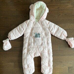 Mango Kids Baby Pink Quilted Puffer Snowsuit with Sherpa & Faux Fur Lining